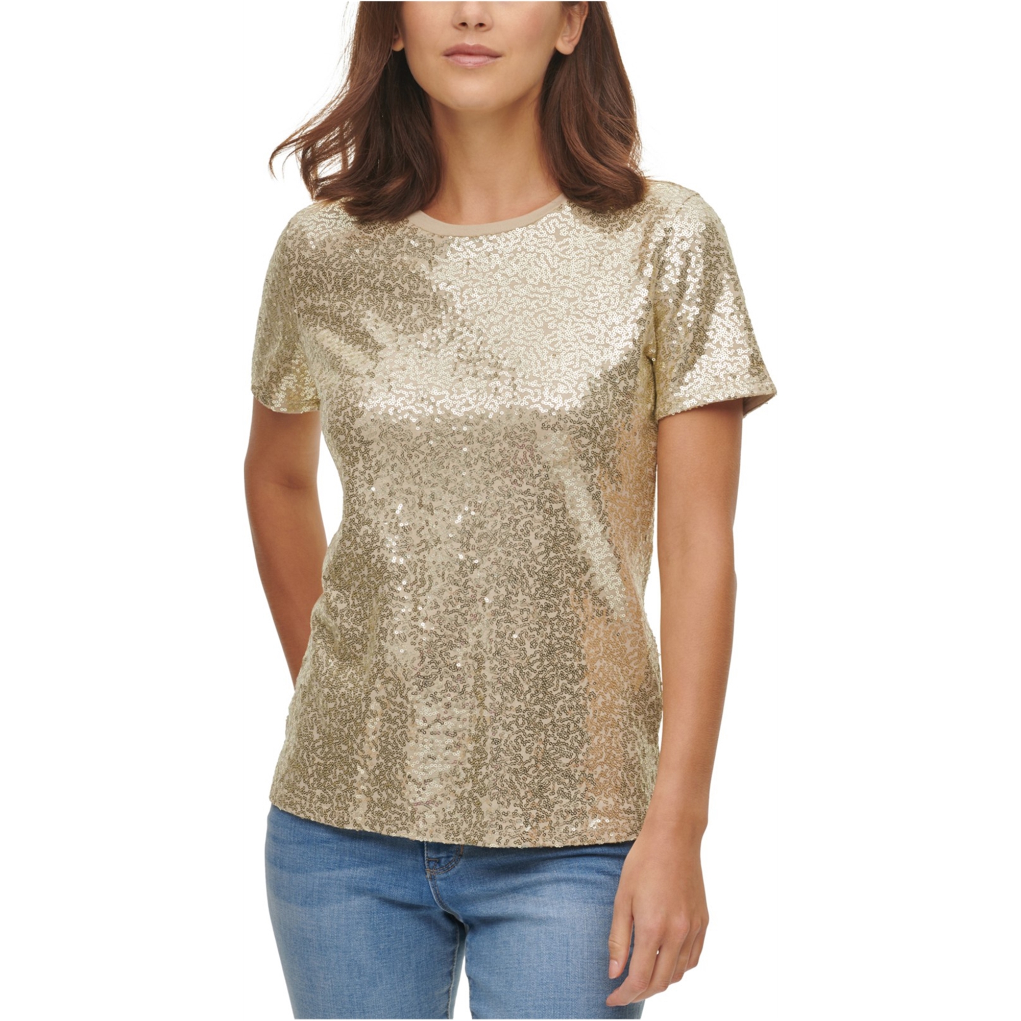 DKNY Womens T-Shirt Crewneck Sequined Short Sleeve Top Gold XXS